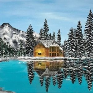 PAINTING ON HOLD-SALE-Winter Lake painting mountain artwork pine trees wall art